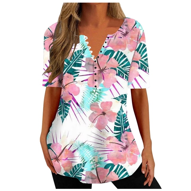 DPTALR Femmes Été V-neck Print Casual Ample Top Manches Courtes V-neck Boutons Tops