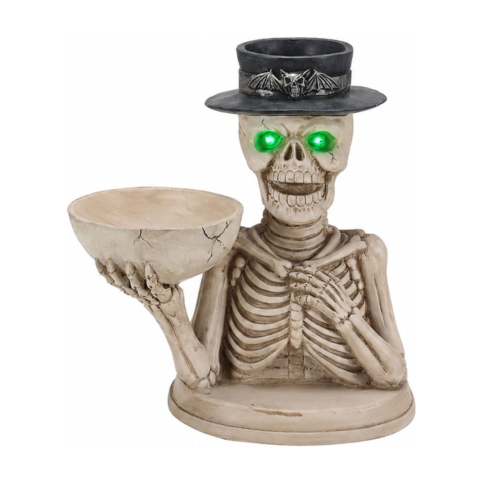 Skeleton Candle Holder with LED Glowing Green Eyes Top Hat Bat Design Resin Halloween Tabletop Decor