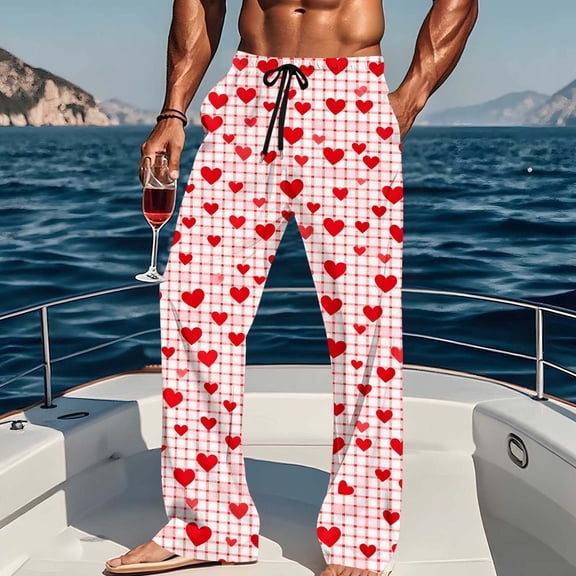 RYDCOT Men Cotton Pajama Pants Love Hearts Graphics Valentines Day mens Lounge Sleep PJ Bottoms with Pockets Pink