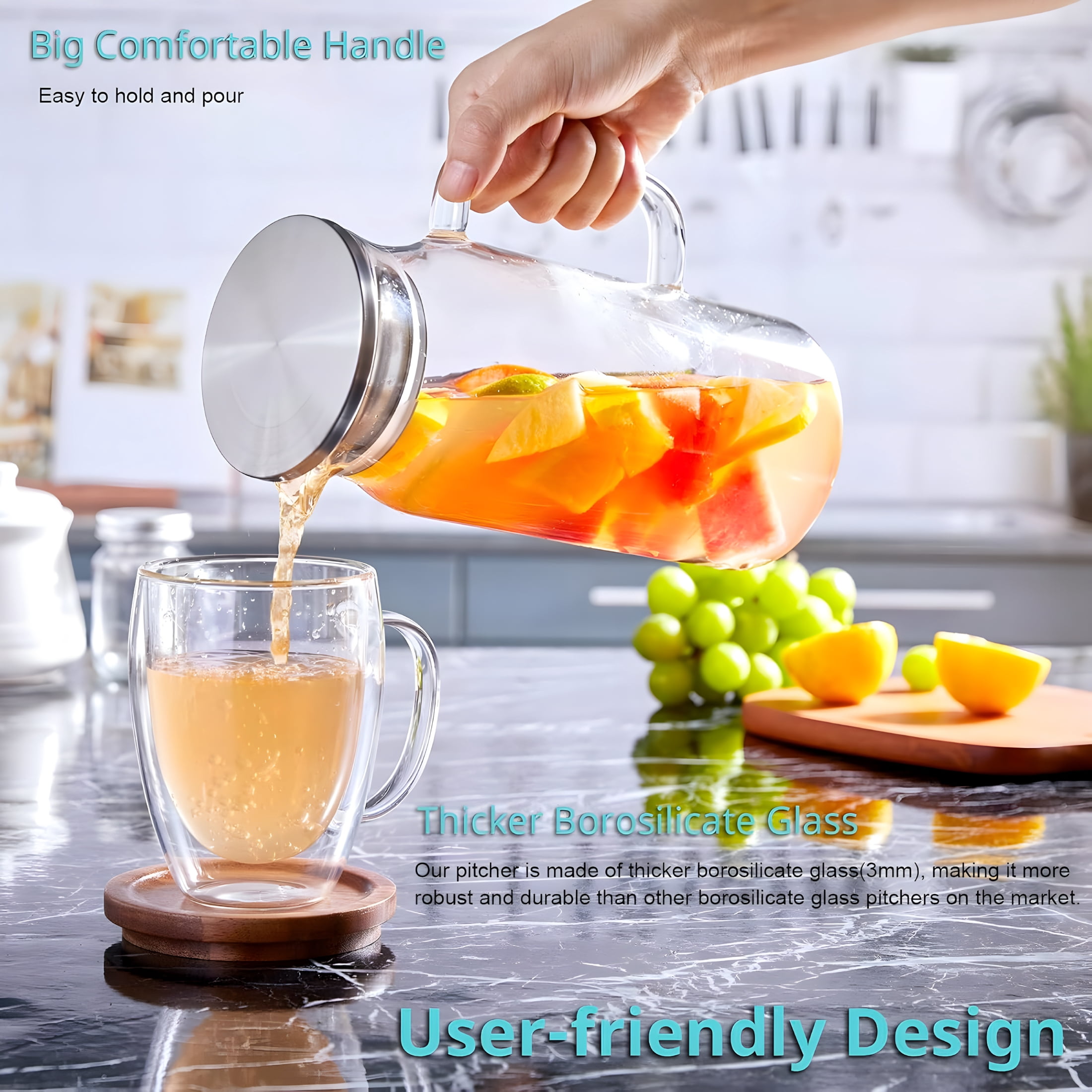 ACDANC 2 Pack 1.2 Liter 40 Oz Small Glass Pitcher with Lid and Handle,Glass Carafe Water Pitcher for Hot/Cold Water,Iced Tea,Drinks,Coffee,Juice and Homemade Beverage