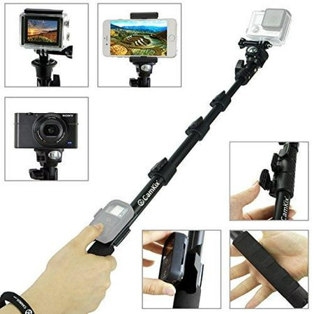 camkix premium telescopic pole 16 - 47 - for gopro hero 5 / 4, session, black, silver, hero+ lcd, 3+, 3, 2, 1, and compact cameras; and cell phones - with cradle for remote - strong and stable clip