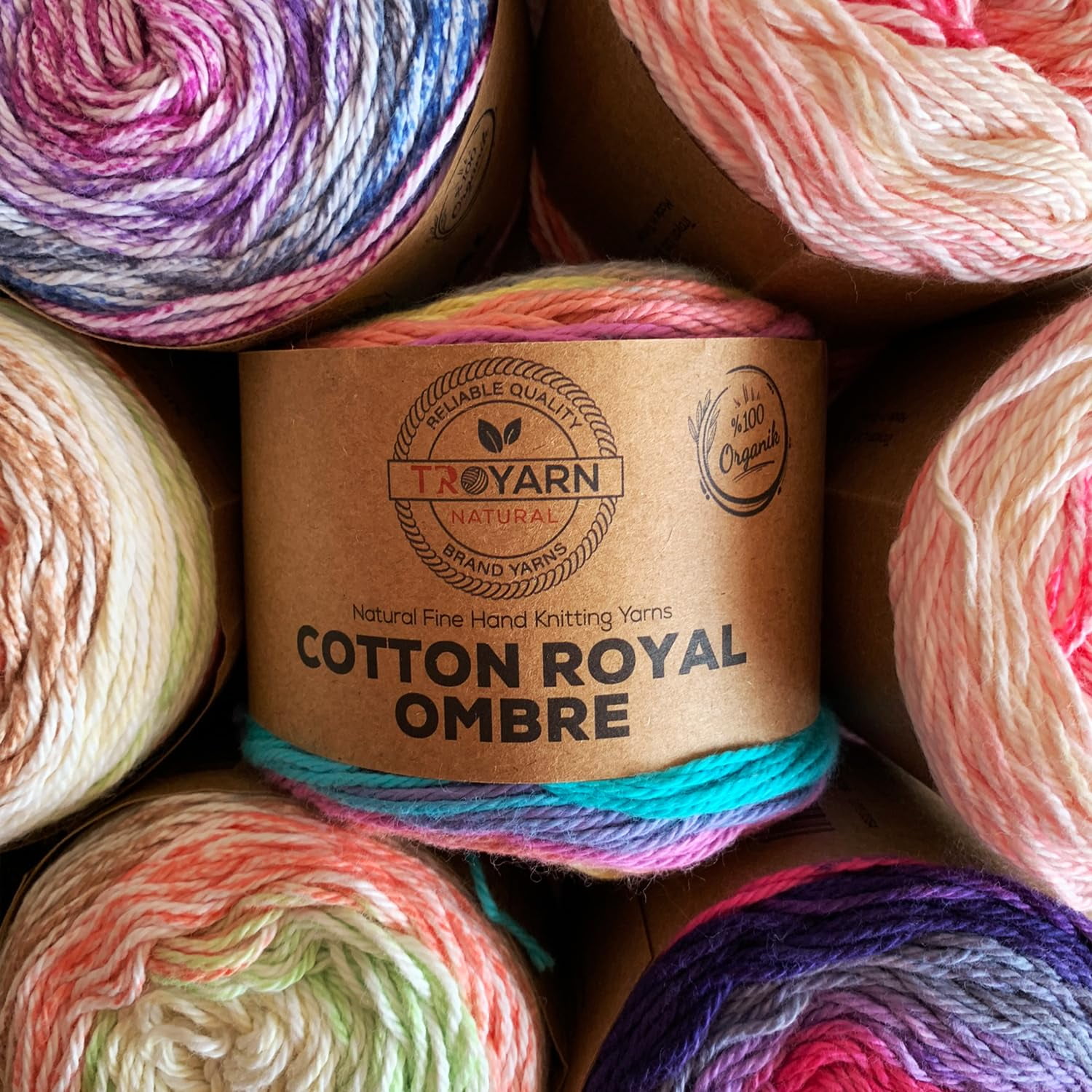Troyarn Cotton Royal Ombre (3- Skeins Pack) Yarn with Rainbow Colors,Soft Yarn for Crocheting and Knitting%100 Organic Cotton Four Season Yarn 3x100 gr (3x230 yds) (20102)