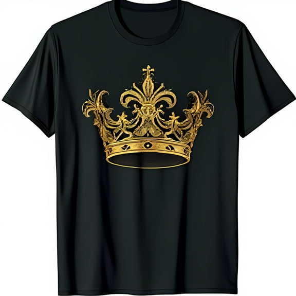 Intricate Gold Crown Graphic Black T-Shirt with Fleur de Lis Design