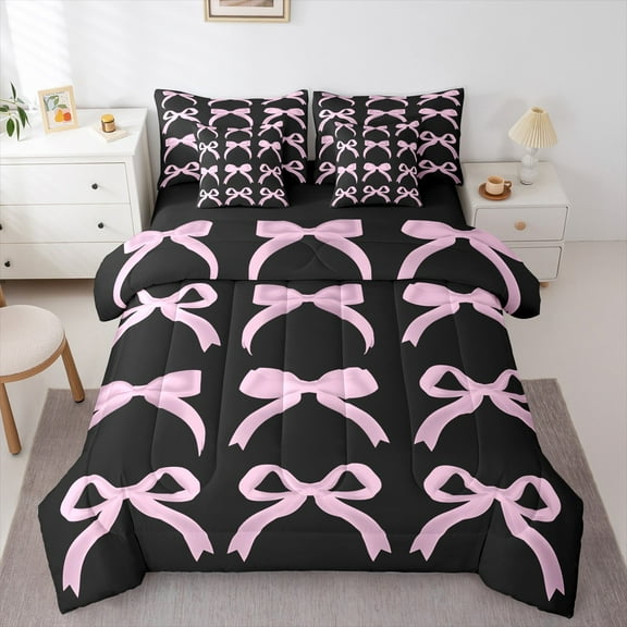 Manfei Princess Dreamy Bow Twin Bedding Sets 7-Piece for Kid, Black Pink Bedding Comforter Set, Kawaii Cartoon Bowknot Reversible Sheet Sets, Super Cozy Room Decor