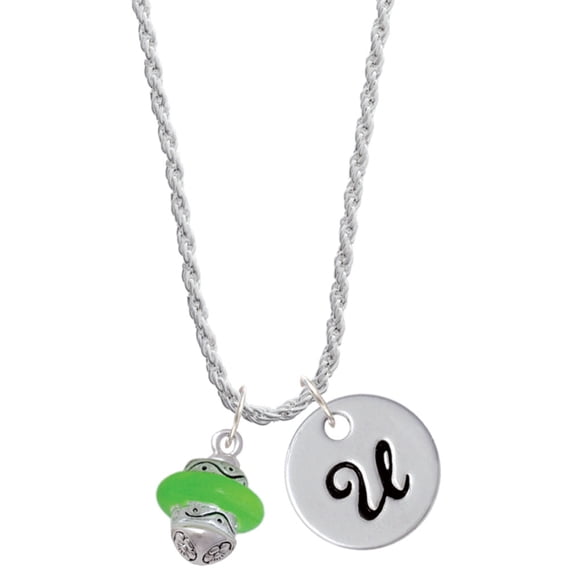Delight Jewelry Silvertone Lime Green Center Spinner Silvertone Script Initial Disc - U - Charm Necklace, 20"+3"