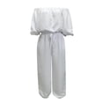 thumbnail image 6 of BESEW7 Off Shoulder Jumpsuits for Women, Summer Casual Loose Rompers with Pockets Roll Up Sleeve Elastic Waist for Daily Beach Vacation White S, 6 of 7
