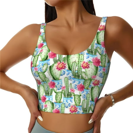 Jgfou Flowers and Cactus Print Womens Sports Bra - Padded Workout Sports Bras Crop Tank Top