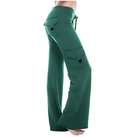 VKOYWKM Womens Cargo Pants with Flap Pockets Wide Leg Yoga Pants Solid Color Drawstring Waist Baggy Yoga Leggings Stretchy Workout Pants Plus Size Size XXXL Green