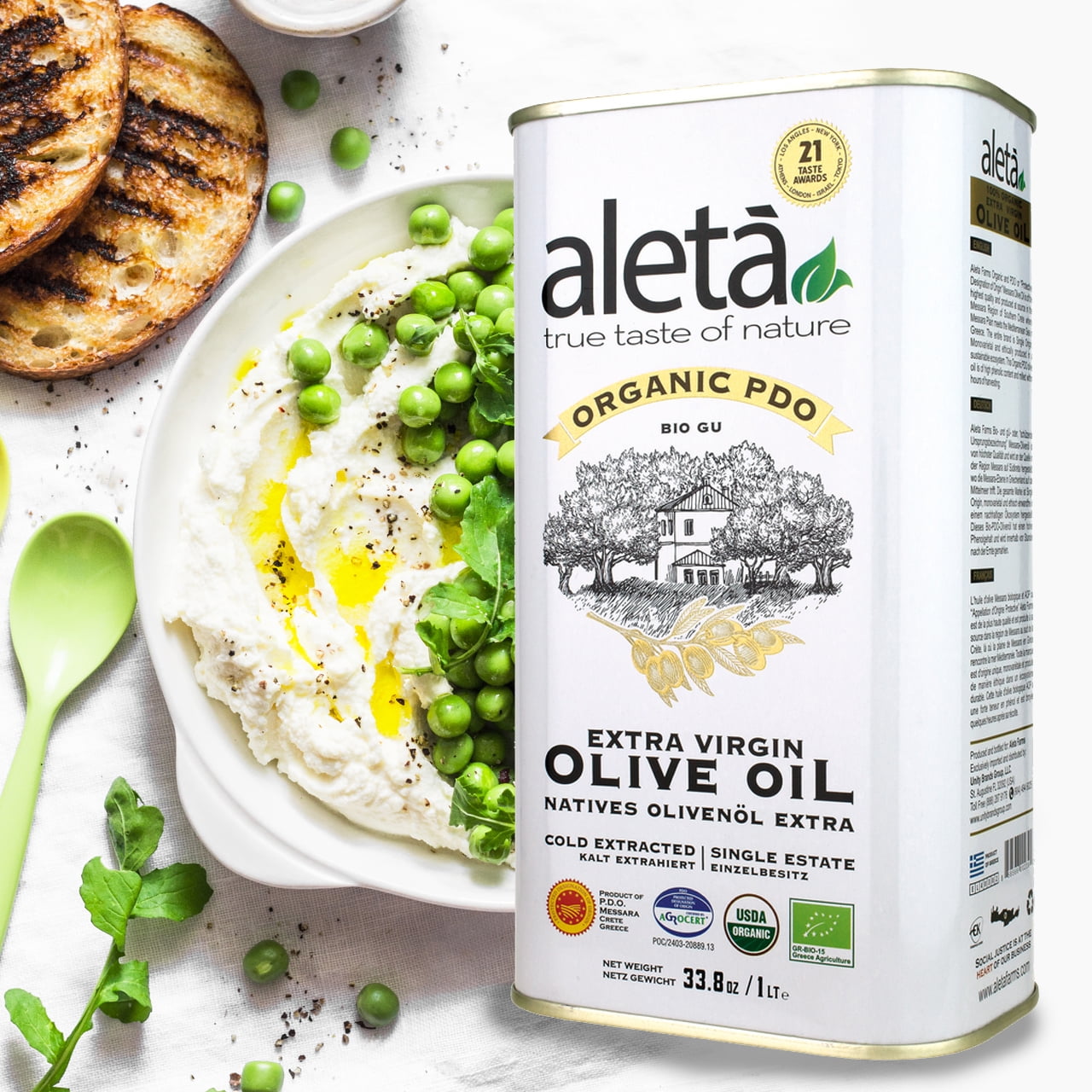 Aleta, Organic PDO Extra Virgin Olive Oil, Certified Single Estate Messara Valley Greece, Award-Winning First-Cold Press, Traceable & Kosher, 1 Lt (33.8 oz.) Tin