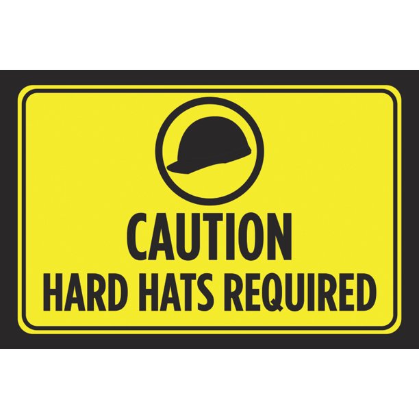 Caution Hard Hats Required Print Bright Yellow Notice Black Pic Symbol