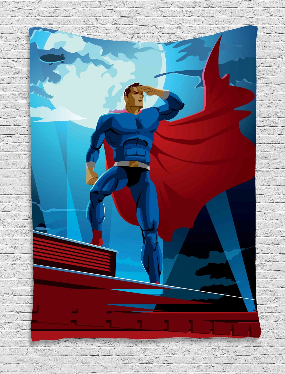 Superhero Tapestry, Retro Cartoon Character Hero Saving People from