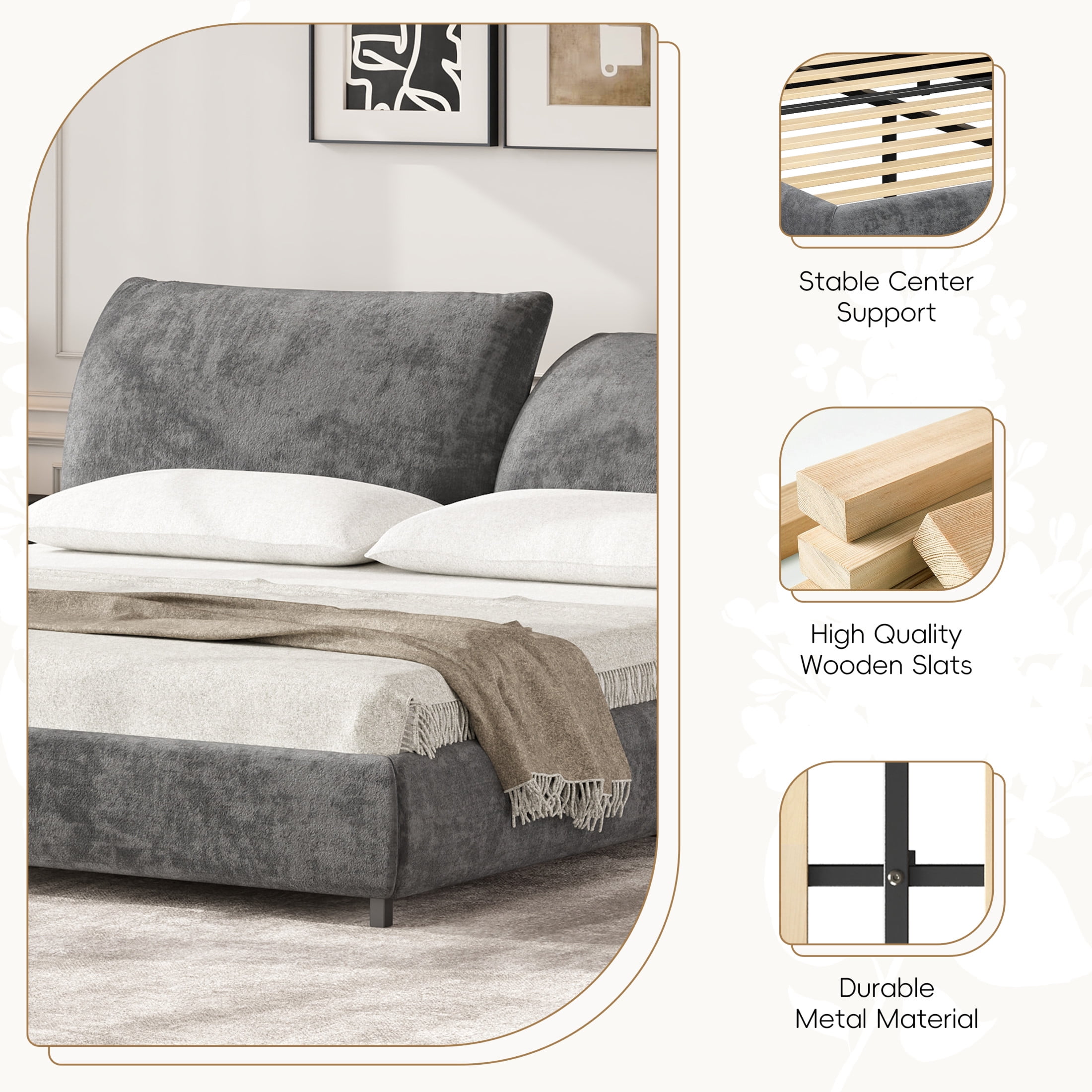 Christopher Knight Home Minimalist Upholstered King Bed Frame with Adjustable Cushions, Dark Grey