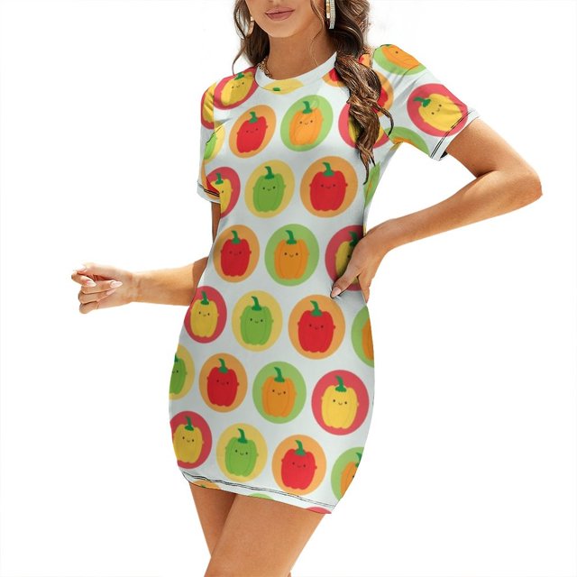 Robe Évasée Kawaii Poivrons Col Carré Robe Élégante Mode Féminine Imprimée Robe Kawaii Poivron Légumes 5 A