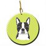 Carolines Treasures BB1265CO1 Checkerboard Lime Green Boston Terrier Ceramic Ornament 3 in multicolor