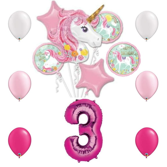 Magical Unicorn Birthday Party Balloon Bundle for 3 Year Old, includes 13 Balloons