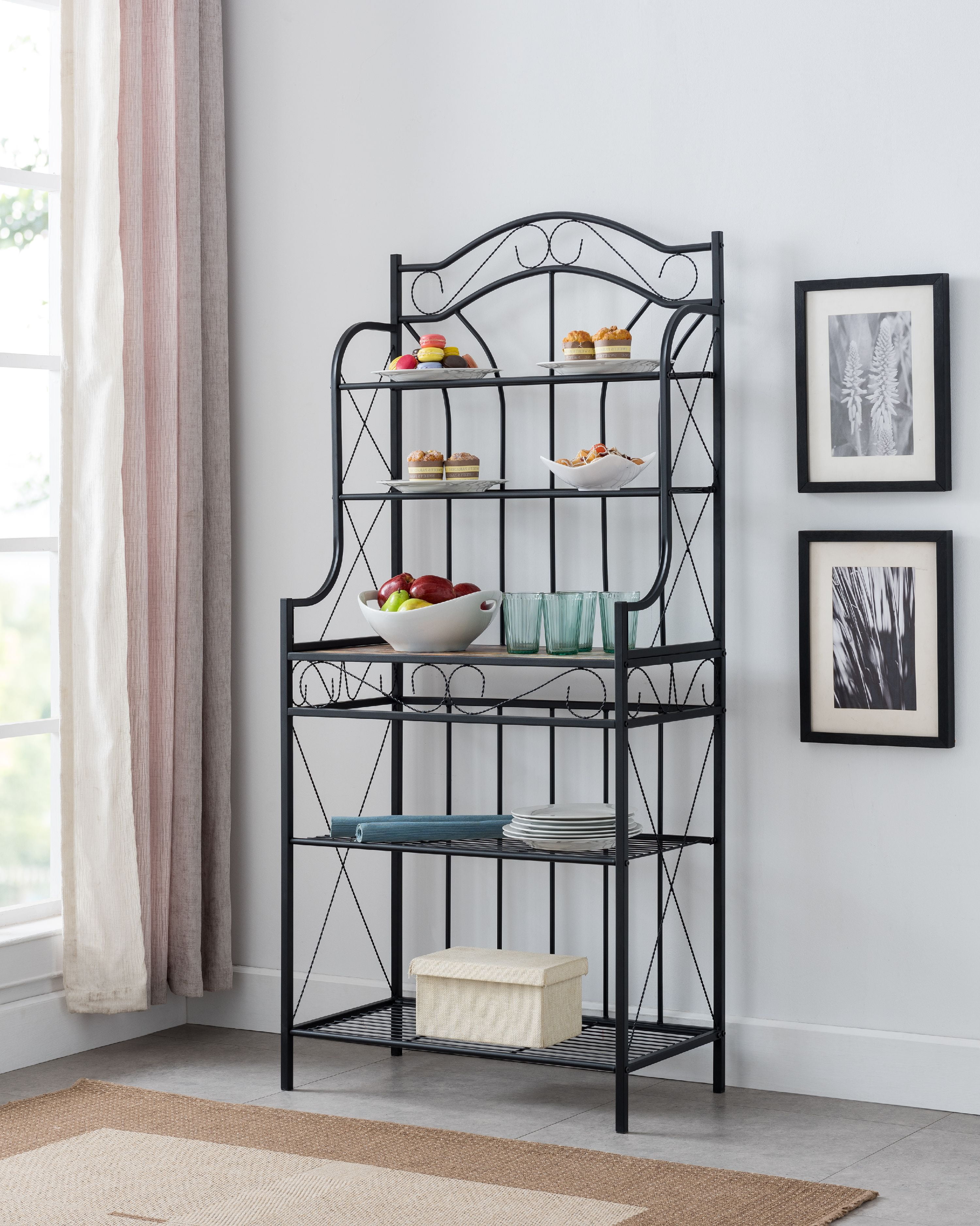 Leroy Black Metal Walnut Wood Transitional 5 Tier Shelves Storage Leroy Black Metal Walnut Wood Transitional 5 Tier Shelves Storage Freestanding Kitchen Bakers Organizer Rack Display Stand Com
