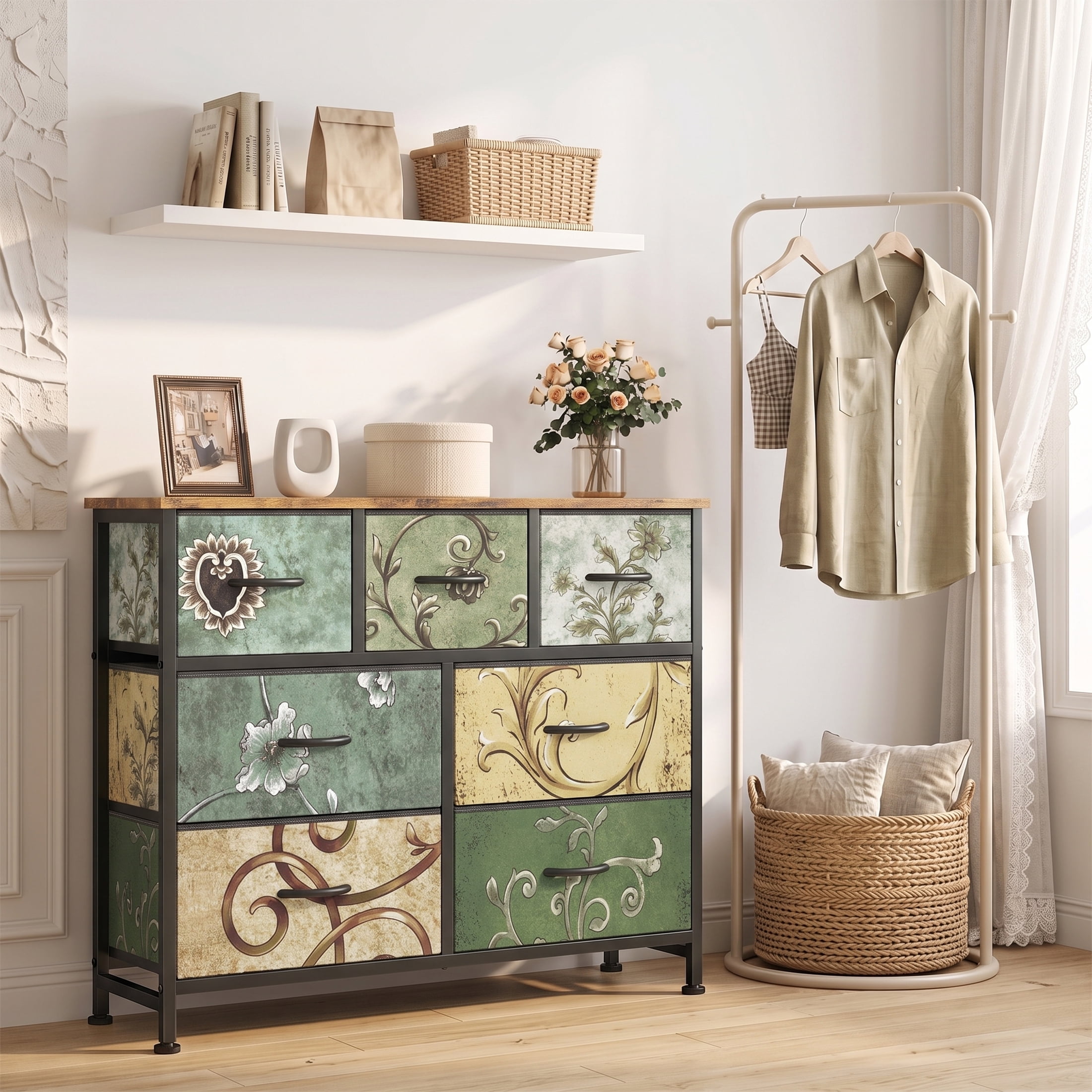 Gianna Chest of Drawers with 7 Fabric Drawers, Drawer Cabinet, Organization Furniture for Kitchen, Office, Hallway, Floral Painted