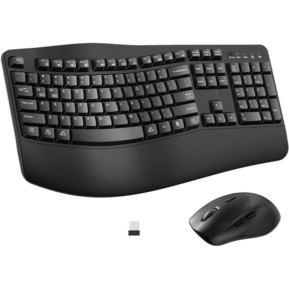 Wireless Keyboard and Mouse Combo,2.4G Full Size Wave Keys Ergonomic Keyboard with Wrist Rest for Natural Typing, 3 DPI Adjustable Ergonomic Silent Mouse for Computer/Laptop/Windows/Mac (Black)