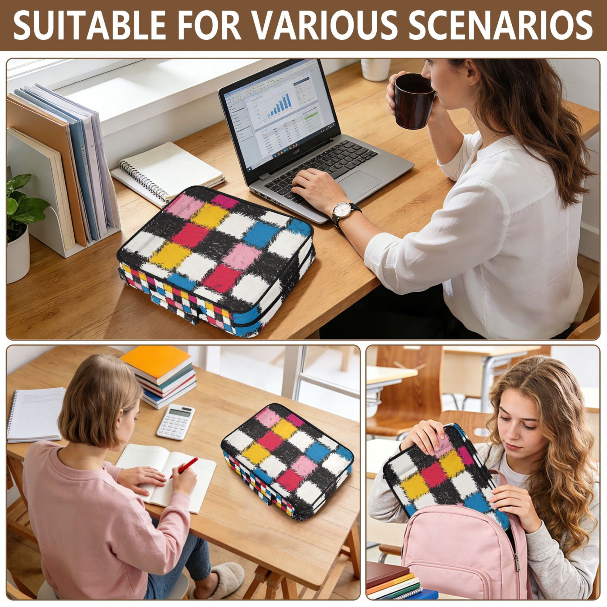 FORMRS Accordion File Folder A4 Size 7-Pocket Expanding Document Organizer Bag with 3 Ring Binder, White Checkered Pattern