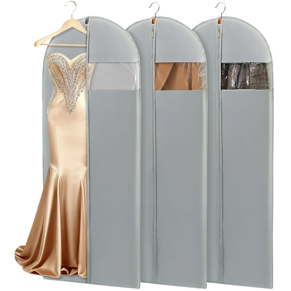 DAKOMM 65'' Dress Bags for Gowns Long, 3 Pack PEVA Garment Bags for Hanging Clothes, Garment Cover with Clear Window, Storage and Travel Suit Bag Cover for Long Dresses, Gowns, Coats (Gray)