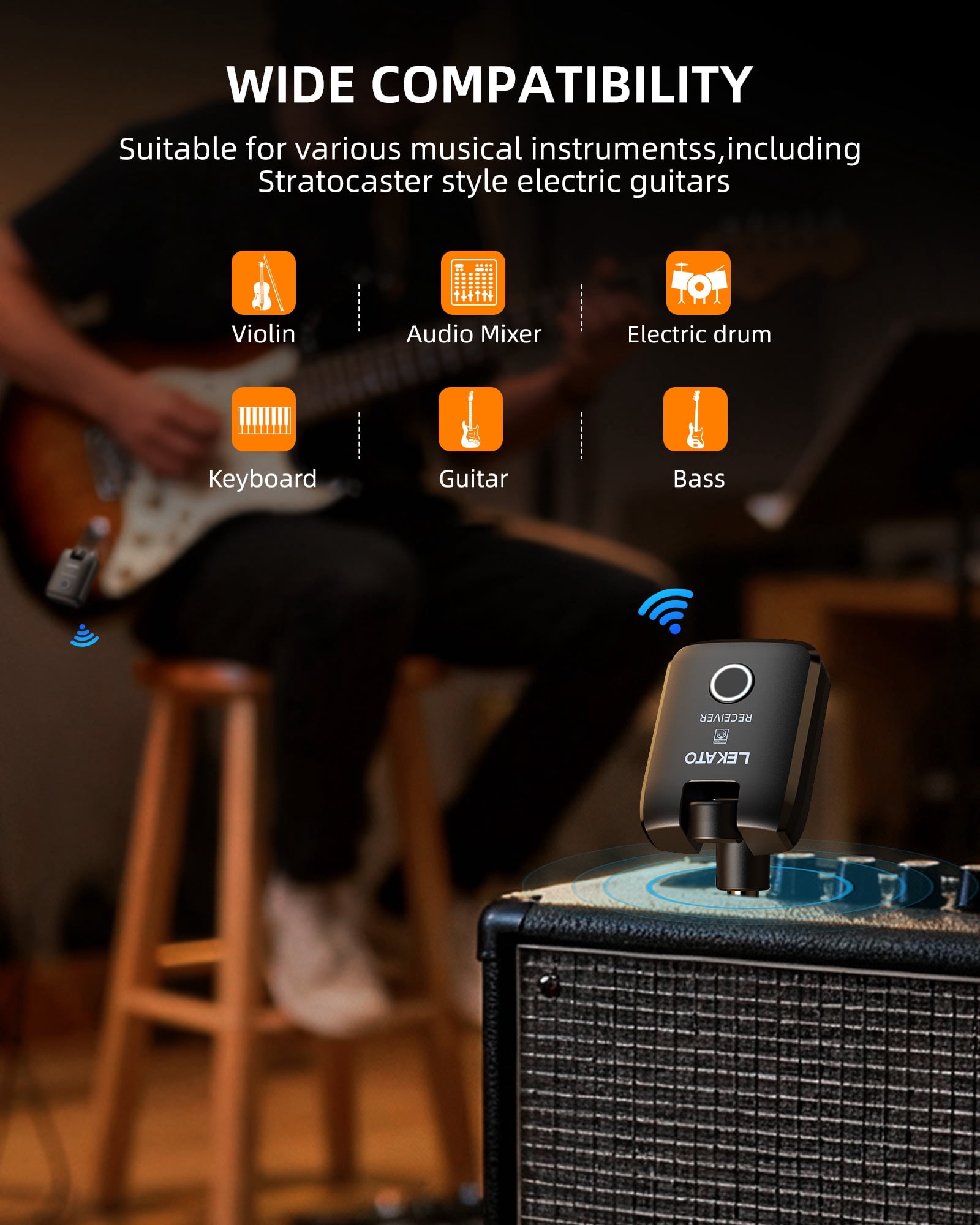 LEKATO WS-300 Wireless Guitar System with Charging Case 2.4 GHz Rechargeable Audio Wireless Guitar Transmitter Receiver High Fidelity Sound for Guitar Bass and Keyboard