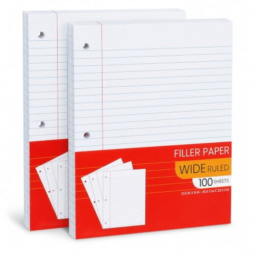 Manaloom Notebook Paper Wide Ruled, 2 Pack, 100 Sheets, 3-Hole Punched, 10.5 x 8 in