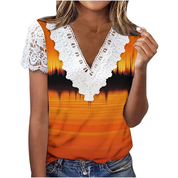 Tops de Manga Corta Cuello en V para las Mujeres Plegar Impreso Botón Abajo Blusa de Verano Casual, Tops de Verano de las Mujeres Cuello en V con Mangas Cortas