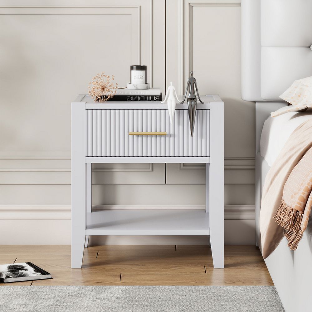 Wooden Nightstand with Gold Handle, Bedside Table with 1 Open Storage and 1 Drawer, End Table for Living Room, Bedroom, White