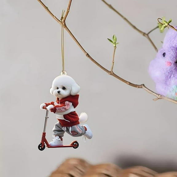 2D Flat Acrylic Car Mirror Charm Interior Accessories Hanging Ornament Flat Bichon Frise Dog Scooter Car Mirror Decoration