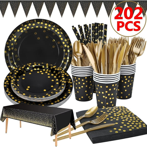 Aschef Disposable Party Dinnerware Eco-Friendly, Black and Gold, 202 Count