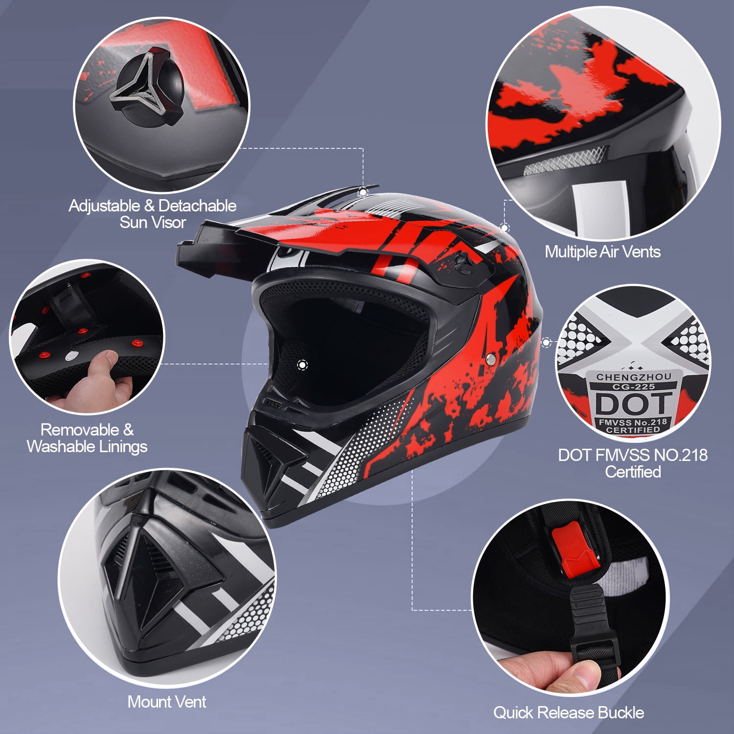 Nuao Motorcycle Helmet, Vintage Motocross Helmet with Goggles, Gloves, Mask, Sun Visor Snowmobile, ATV off Road Helmet DOT Approved, Red, XL