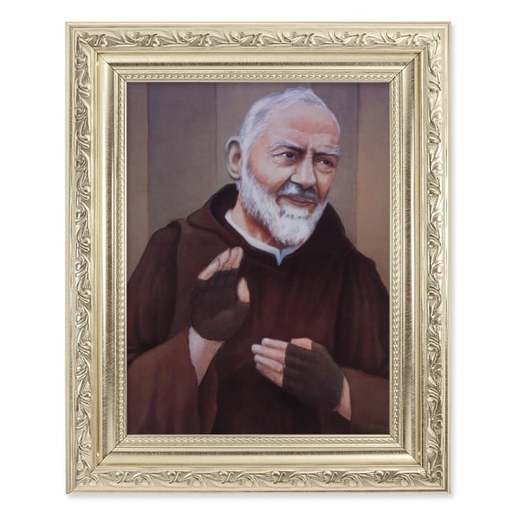 St. Pio Picture Framed Wall Art Decor Medium, Antique Silver Finished Frame with Acanthus-Leaf Detail