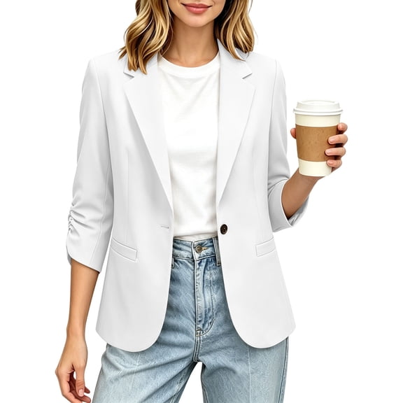 gbyLJF Women's 3/4 Ruched Sleeve Blazer Lightweight Single Button Front Office Jacket Casual Business Notched Lapel Cardigan