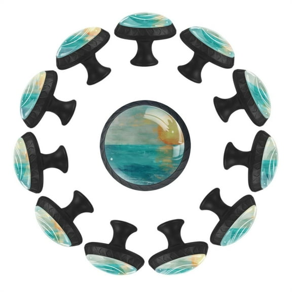 12 Pieces Beach Coastal Teal Ocean Pattern Glass Knobs for Dresser Drawers, 1.37 x 1.10 IN Round Kitchen Cabinet Pulls For Home Office Nursery Kids Room