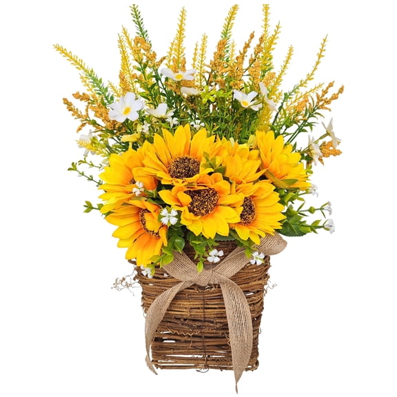 Summer Wreath Sunflower Wreaths Basket 17" Summer Seasonal Decor Indoor Outdoor Wreaths for Front Door with Burlap Bow