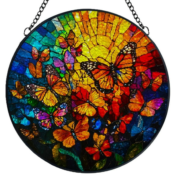 Stained Glass Suncatcher Panel Butterflies in Flower Sunshine Handmade Glass Wingdow Hanging Suncatcher Ornaments Crafts Kits for Memorial and Garden Indoor Decor 6.3"-5