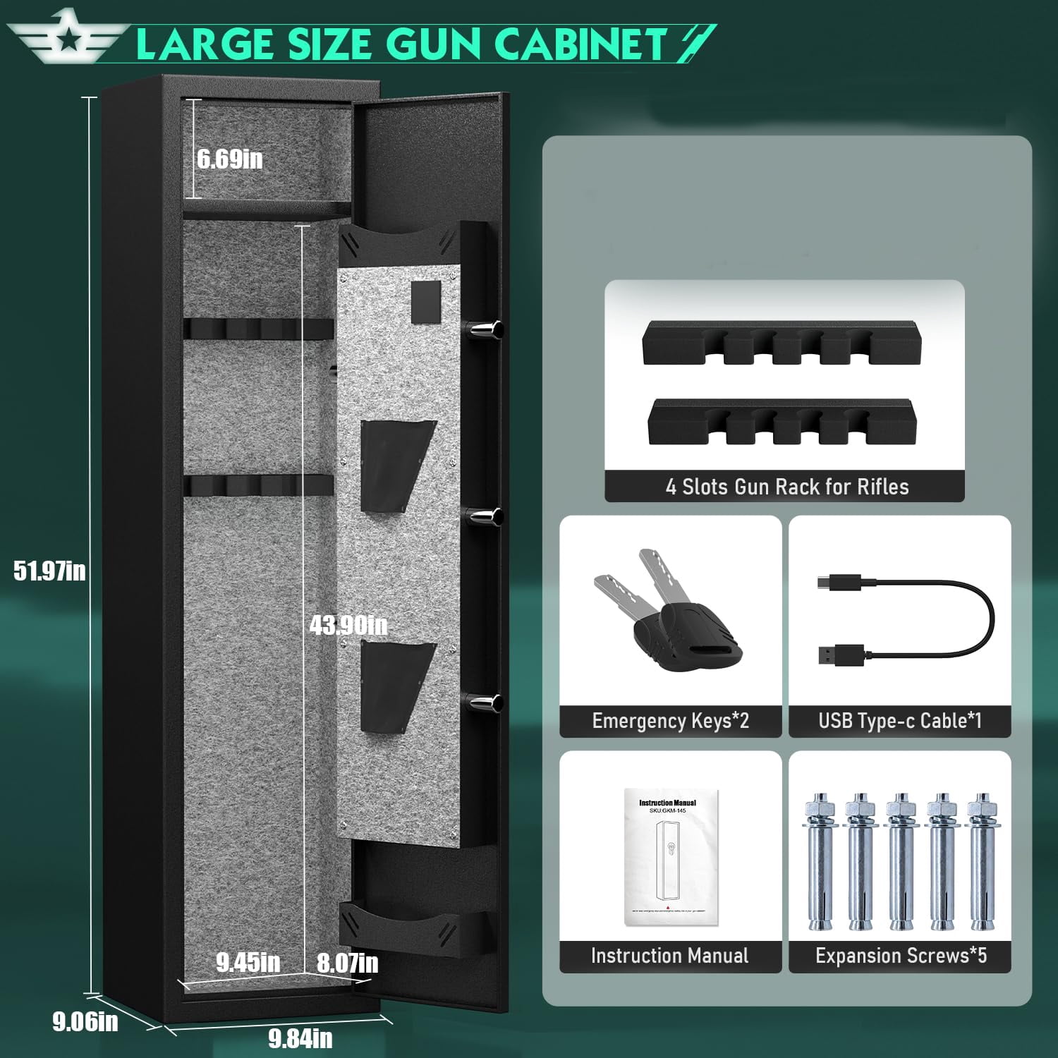 Kavey [2024 NEW] 2-3 Gun Safe, Digital Keypad Large Long Gun Safe for Shotguns, Quick Access Gun Cabinets with LED Light, Gun Safe with Adjustable Gun Rack and Removable Shelf