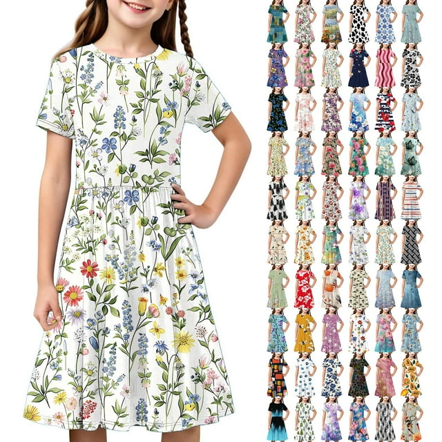 MKOSPLRT Robe d'Été pour Fille à Manches Courtes, Décontractée, Vacances, Patineuse, Tournoyante, Col Rond, Bohème, Imprimé Floral, Plissée, Longueur Midi, 4-14 Ans