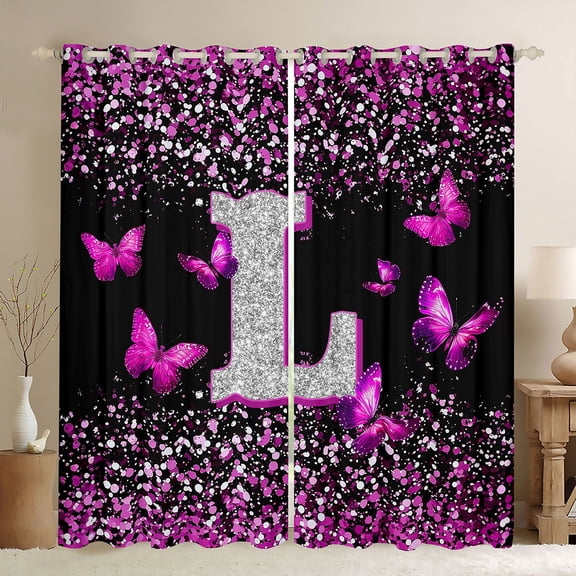 Feelyou Fashion Monogrammed L Black Out Curtains, Bling Butterfly Animal Curtains Pack of 2 (42x63 Each), Black Pink Sequin Print Bedroom Curtains, Window Curtains Bedroom Decor