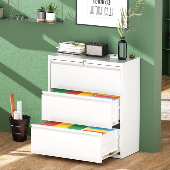 SUNCROWN 3 Drawer Lateral File Cabinet with Lock, White Filing Cabinet for Home Office, Locking Metal File Cabinet for Legal/Letter/A4/F4 Size with Hanging Bars&Key