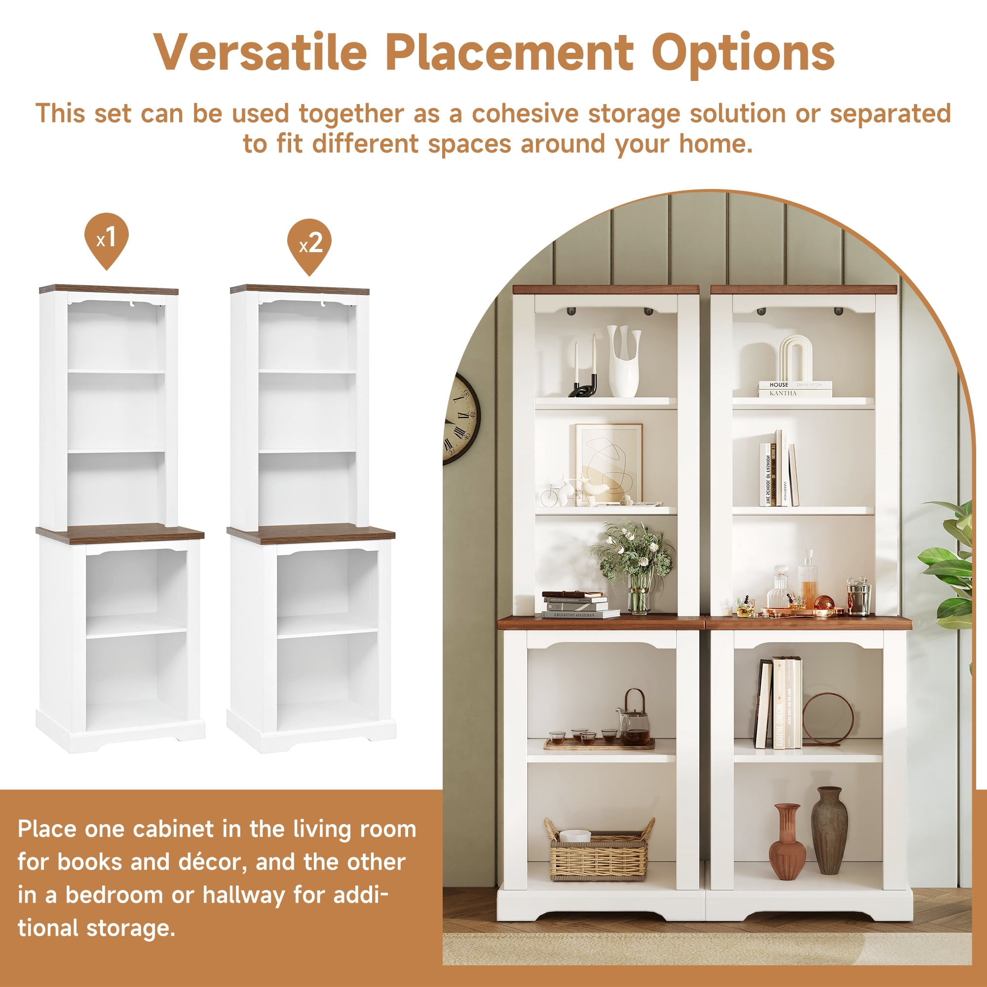 Homy Casa 66 Inch 2 Piece Storage Cabinet Set with Open Shelves and Walnut Top for Living Room White