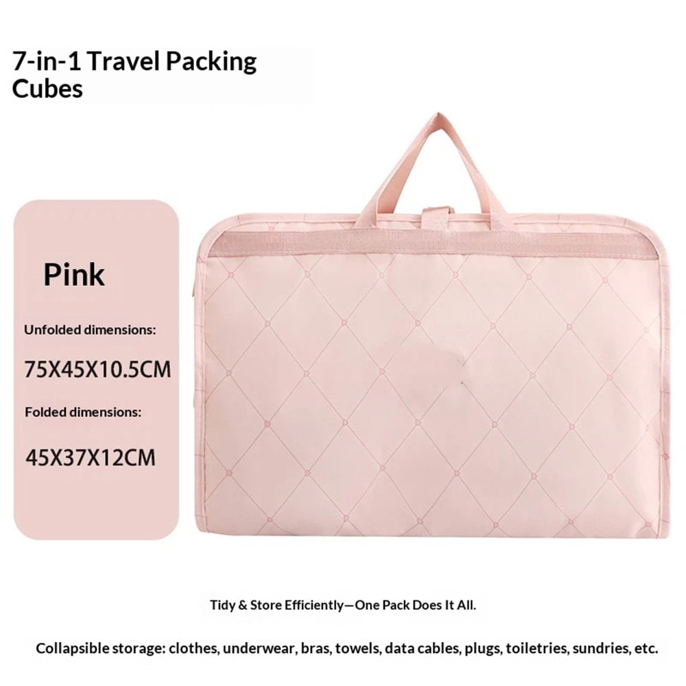 Travel Hanging Storage Bag for Luggage with Handle Compression Packing Cube 7-in-1 Suitcase Organizer Travel Packing Organizers Space-Saving Carry-on Closet, Pink