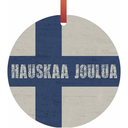 Finland Ribbons - Finland Flag - Hauskaa Joulua Hanging Round Shaped Tree Ornament - (Flat) - Holiday Christmas - Tm - Made in the USA