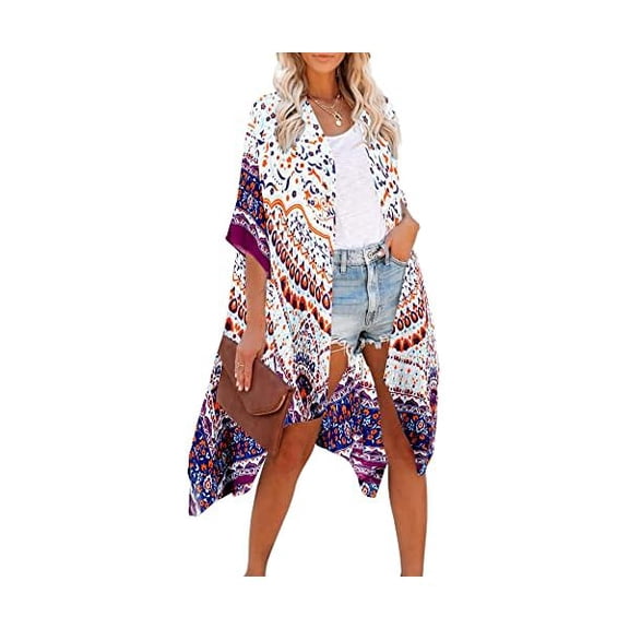 Women's Kimono Cardigan Summer Swimsuit Coverups Beach Cover Up with Floral Print for Vacation