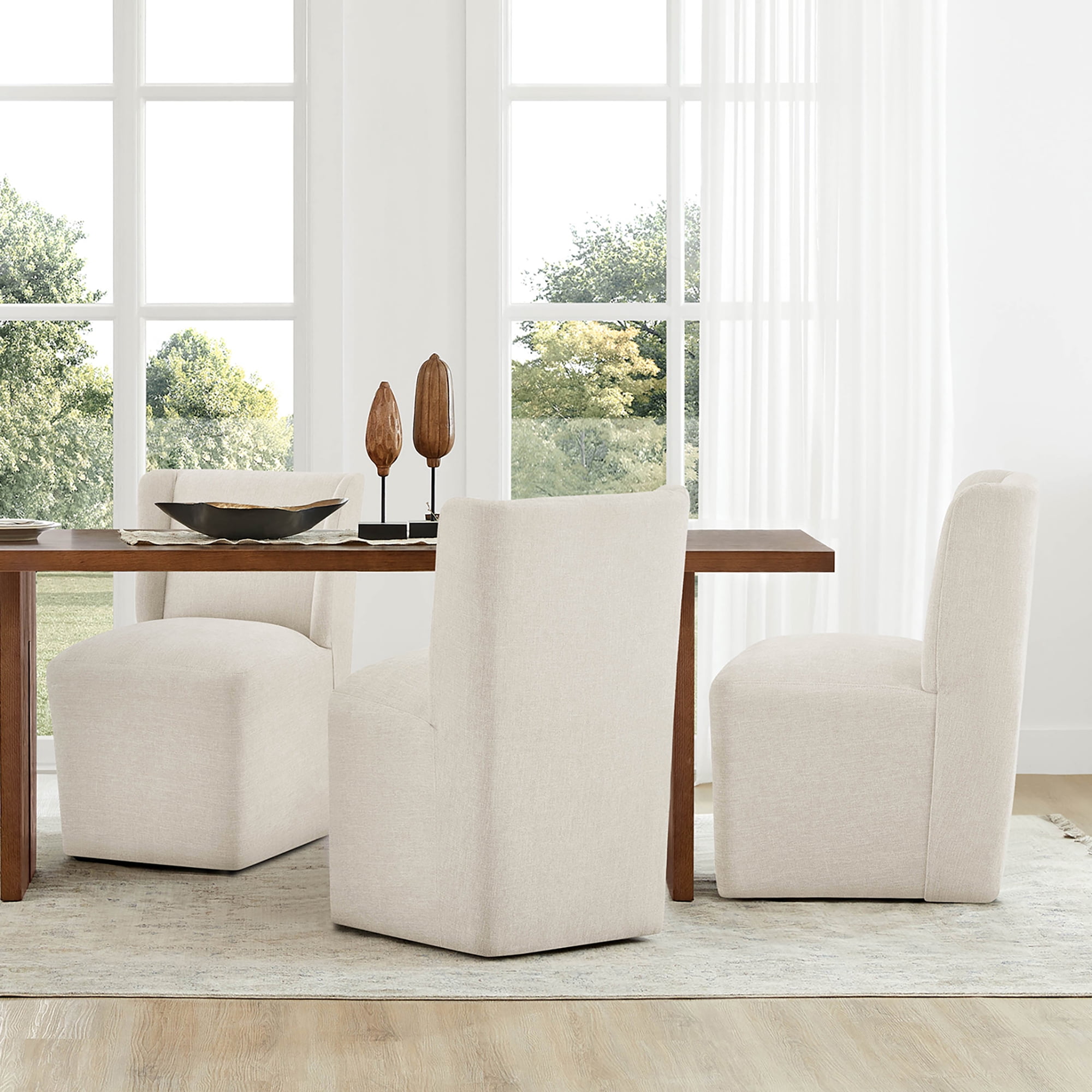 Spruce & Spring Anywhere Upholstered Dining Chair with Hidden Detachable Casters, Stain-Resistant Linen-Look Fabric, Beige