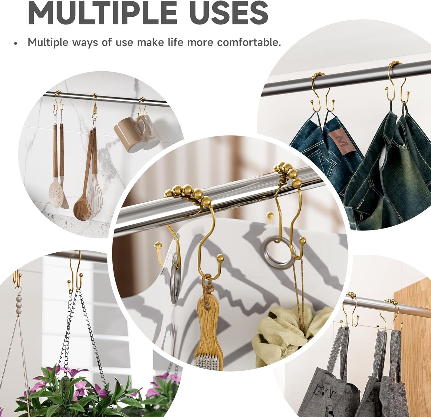 MKEUDQ-Shower Curtain Hooks, Shower Curtain Rings Rust Proof Double Hook Shower Curtain Hooks with Clindrical Design, 12 Pcs Black Shower Hooks for Shower Curtain, Metal Shower Rod Hooks