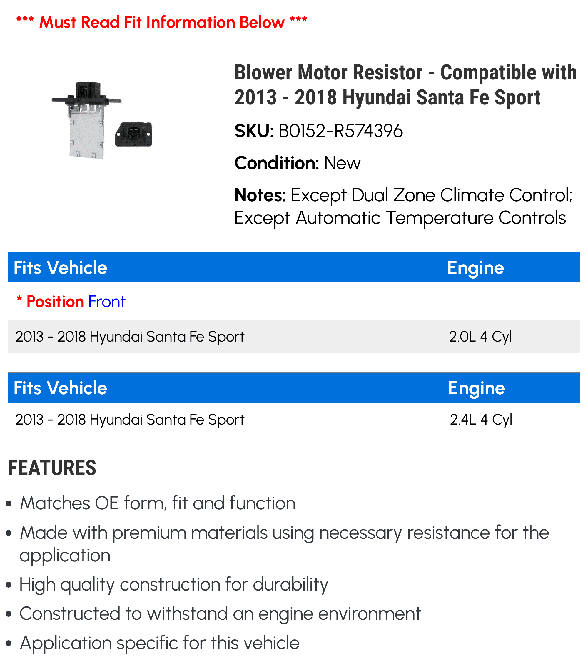 Blower Motor Resistor - Compatible with 2013 - 2018 Hyundai Santa Fe Sport 2014 2015 2016 2017