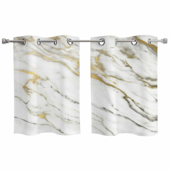 2 Panels Kitchen Tier Curtains 39 Inch Length, Golden Marble Grommets Window Treatment Curtain, Vintage Abstract Modern Art Thermal Curtains Drapes for Living Room/Bathroom