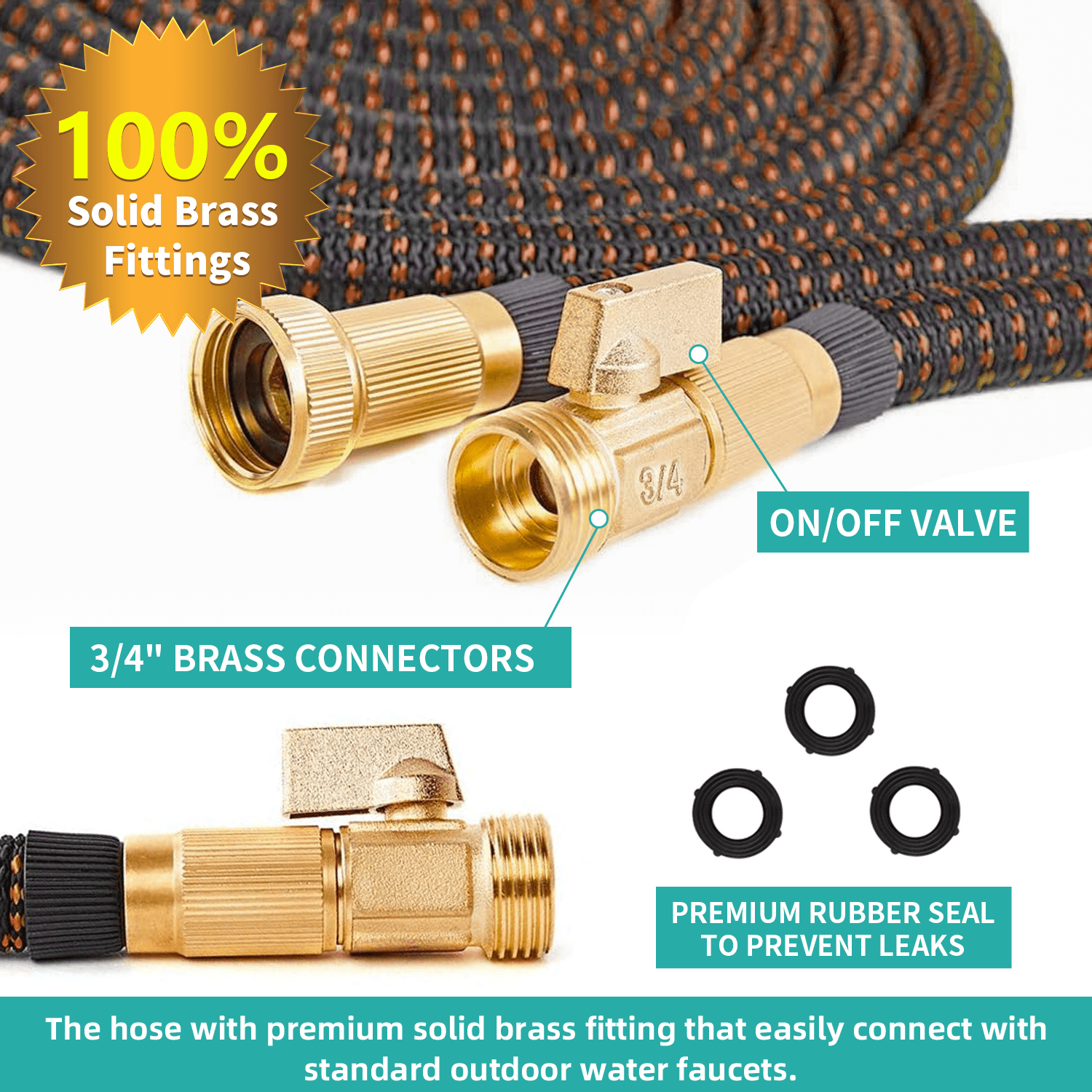 50FT Expanding Water Hose – Flexible Lightweight No-Kink Garden Hose for Outdoor Watering, Car Wash, Lawn & Yard with Leakproof Brass Fittings, Durable Expanding Water Hoses, Black Orange