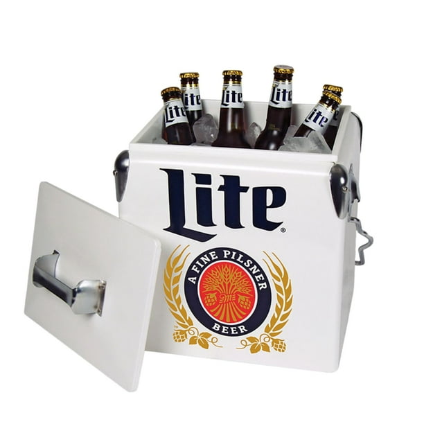 Miller Lite Retro Ice Chest Cooler with Bottle Opener 13L 14 qt White and Blue